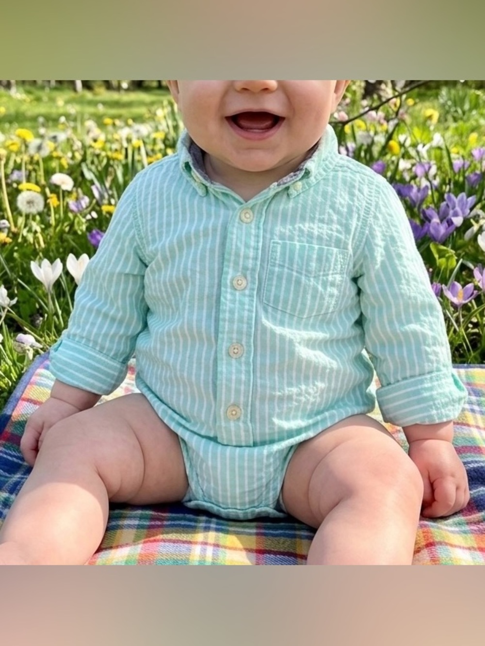 9M OshKosh B'gosh Baby Boys Mint Green White Striped Long Sleeve Button Bodysuit